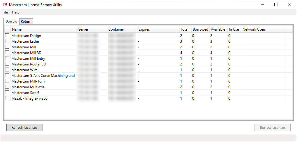 The "Mastercam License Borrow Utility" dialog box. 