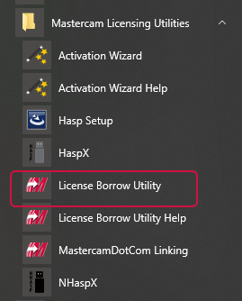 The "License Borrow Utility" in the Windows "Start" menu. 