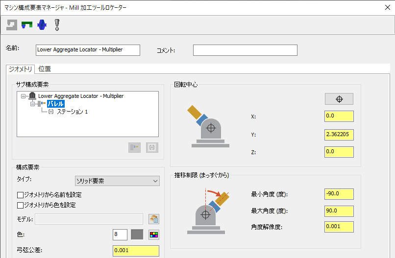 Mill加工 ツールロケーター ダイアログボックスのジオメトリ タブ
