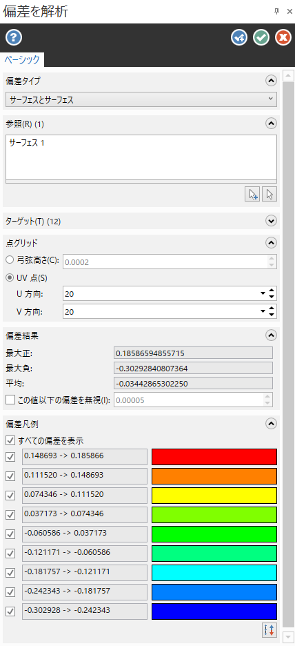 サーフェスとサーフェスを解析する偏差解析機能パネル。 